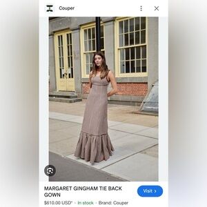 COUPER Brown Gingham Tie Back Gown NWT